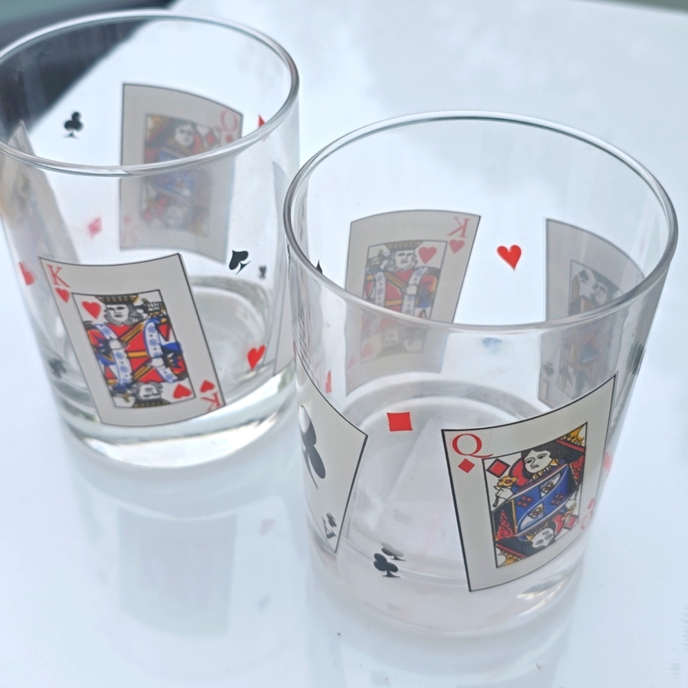 Luminarc Playing Card Double Old Fashioned Glasses Vintage Poker Set 2 Queen Ace